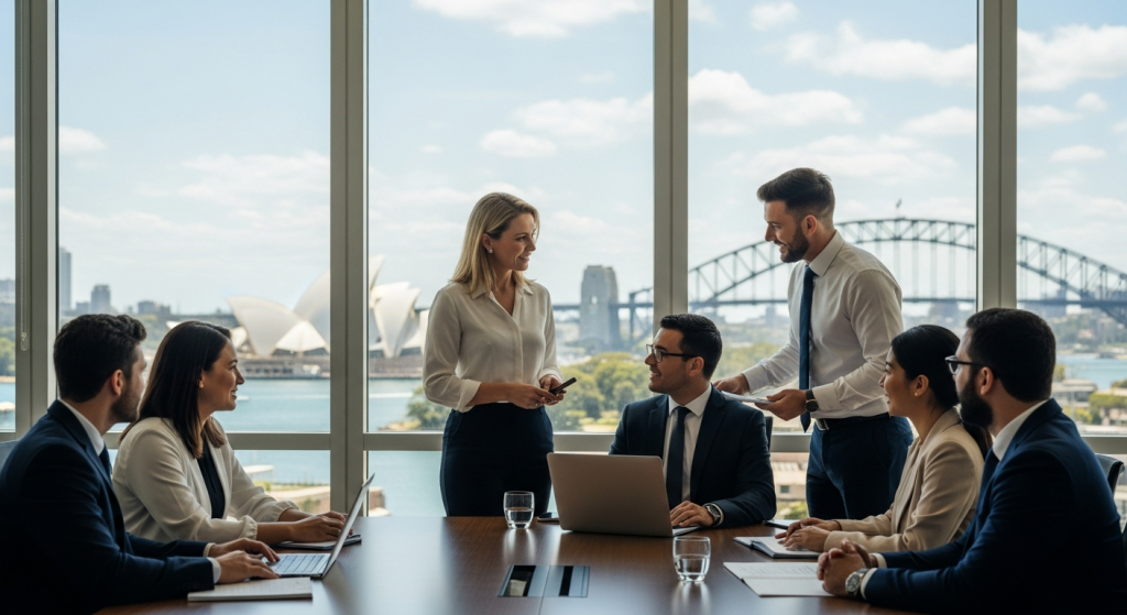 Business meeting with accountants in a conference room, Sydney Opera House and Harbour Bridge views.