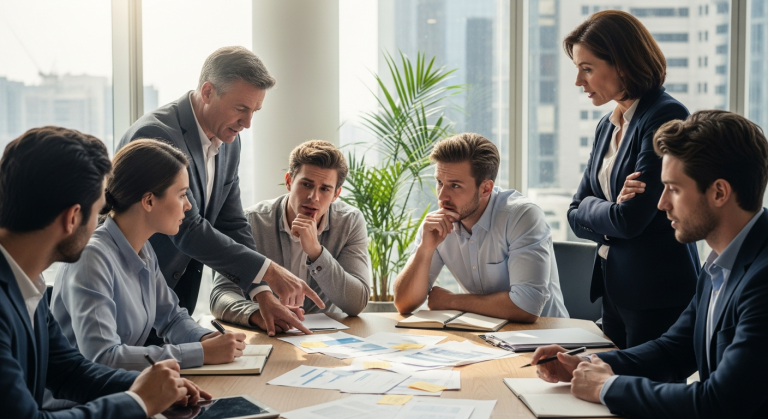 Seven business professionals discuss AML changes and regulatory compliance around a conference table.