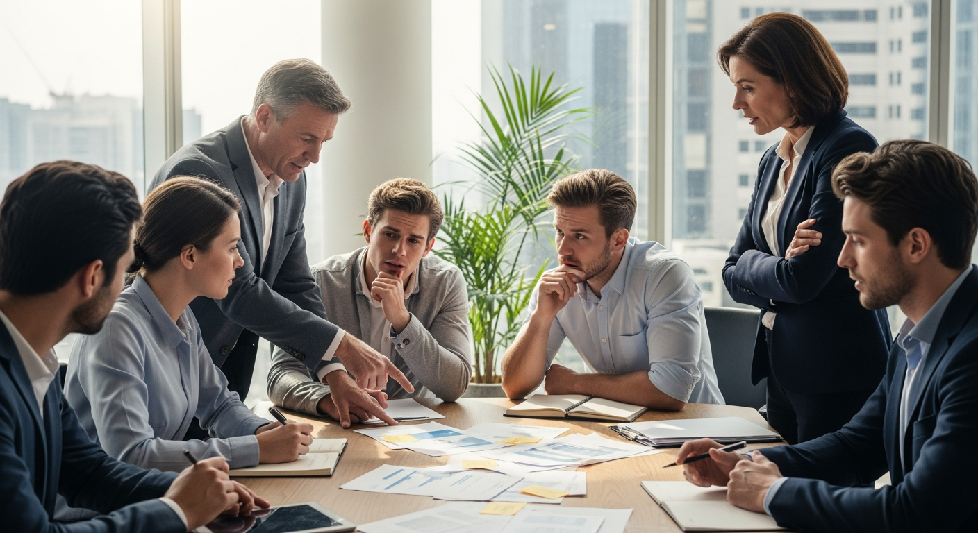 Seven business professionals discuss AML changes and regulatory compliance around a conference table.