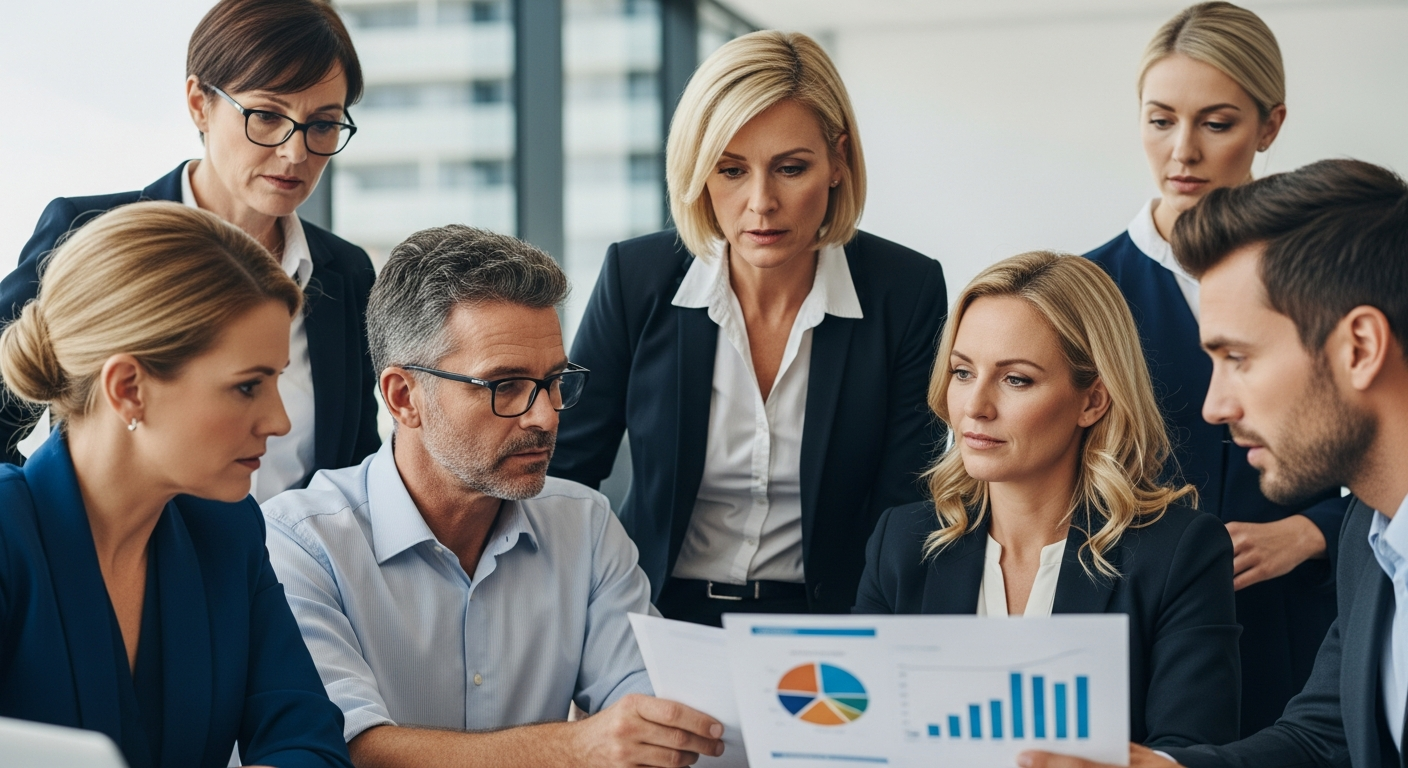 Six business professionals reviewing anti-money laundering charts in a modern office setting.