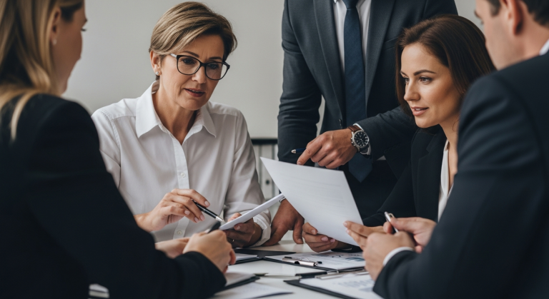 Four professionals discuss documents on building an effective AML framework at a meeting table.