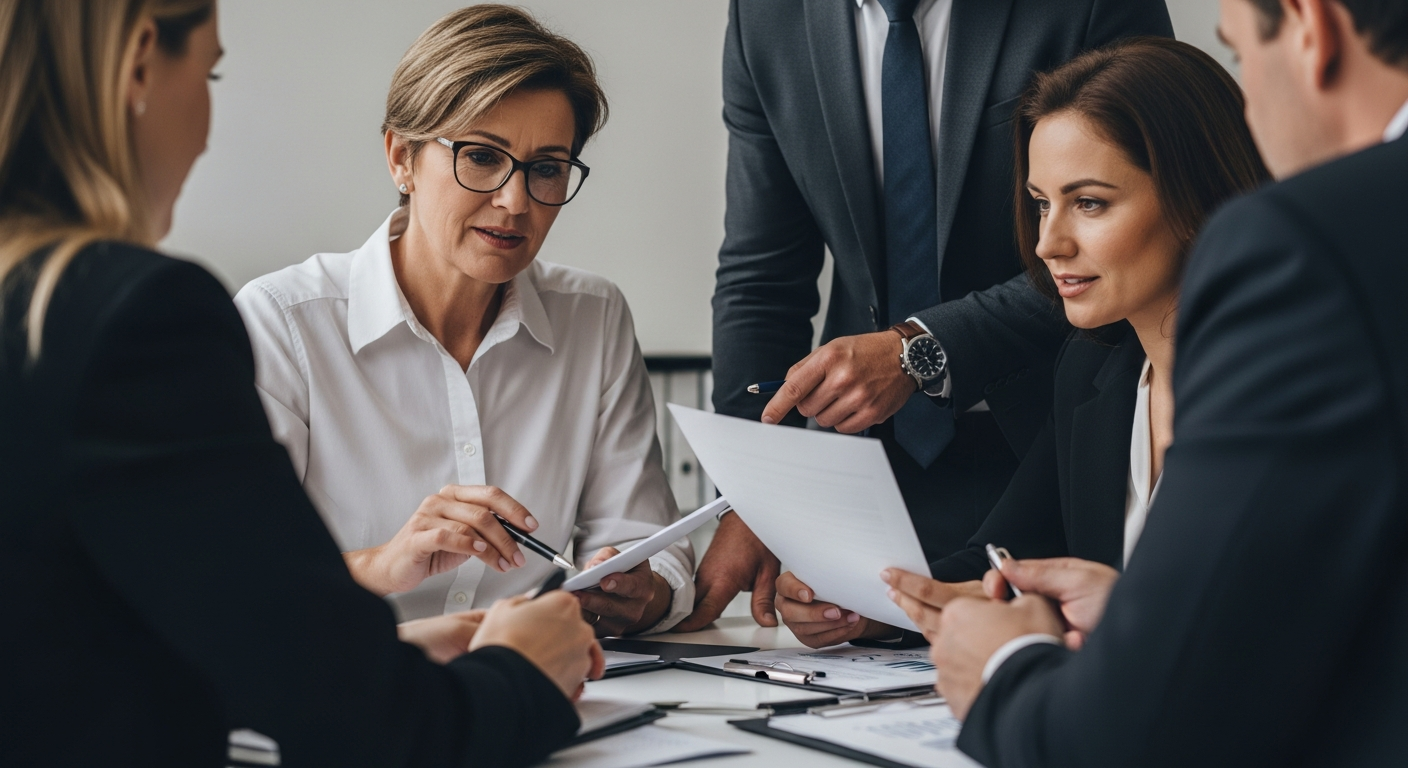 Four professionals discuss documents on building an effective AML framework at a meeting table.