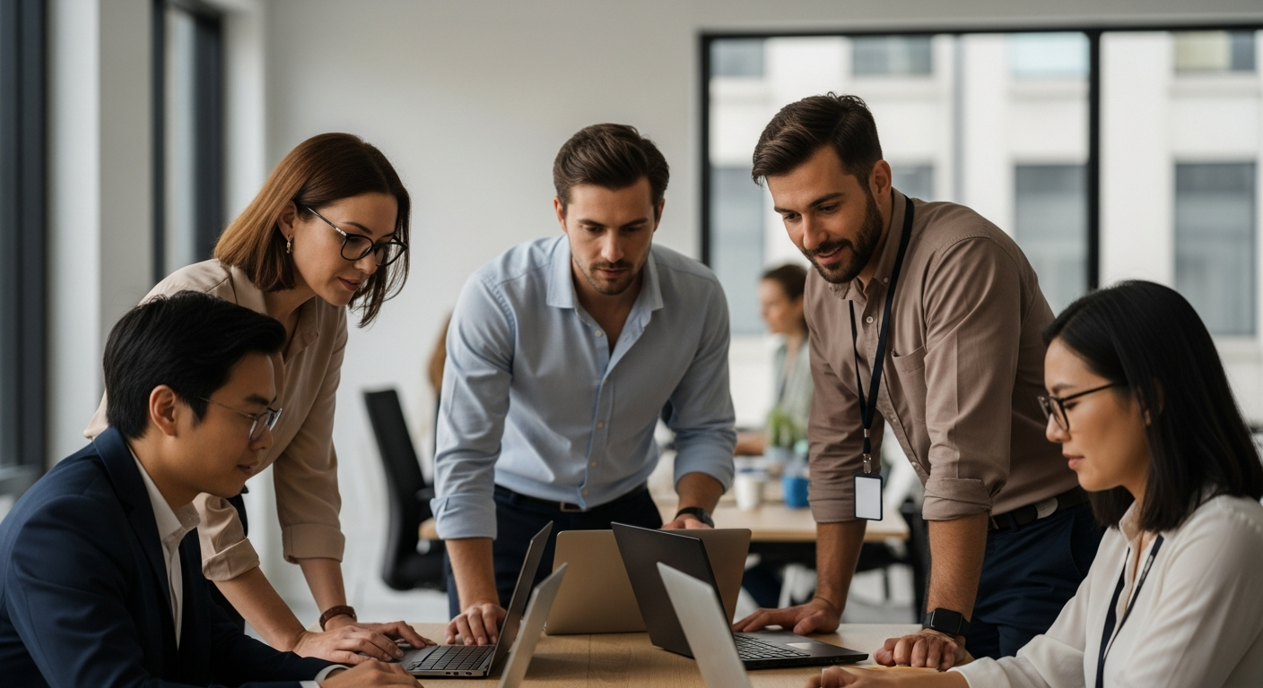 Five people discuss cost-effective AML strategies at laptops in a modern office workspace.