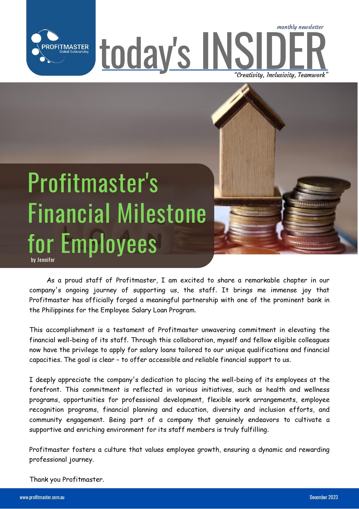 Today's Insider client newsletter featuring "Profitmaster's Financial Milestone for Employees" highlights a new partnership with a bank offering salary loans to eligible staff, enhancing financial support this November 2023.
