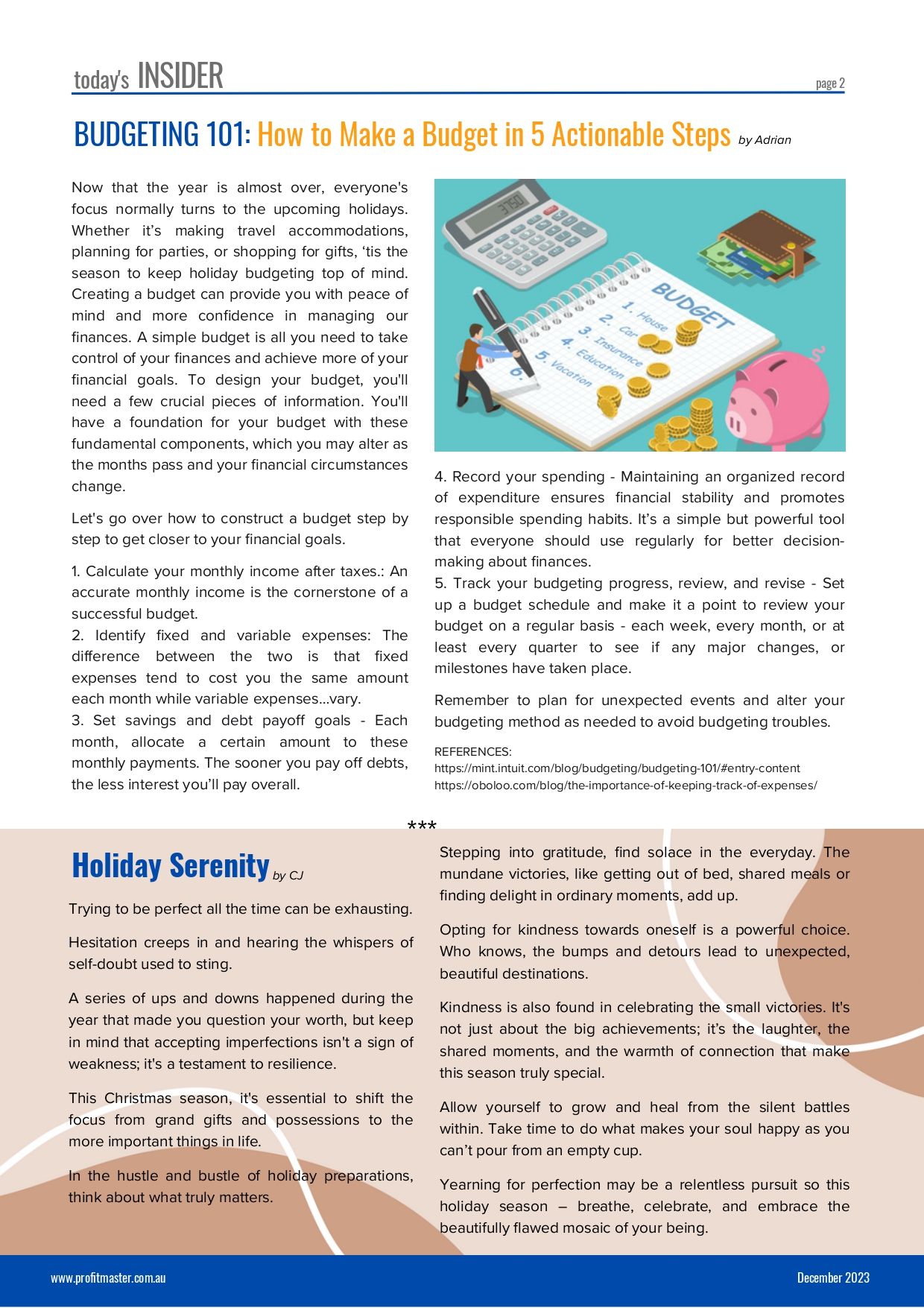 A magazine page titled "BUDGETING 101: How to Make a Budget in 5 Actionable Steps," featured in the November 2023 Client Newsletter, contains text detailing budgeting steps and a set of illustrations related to financial planning.