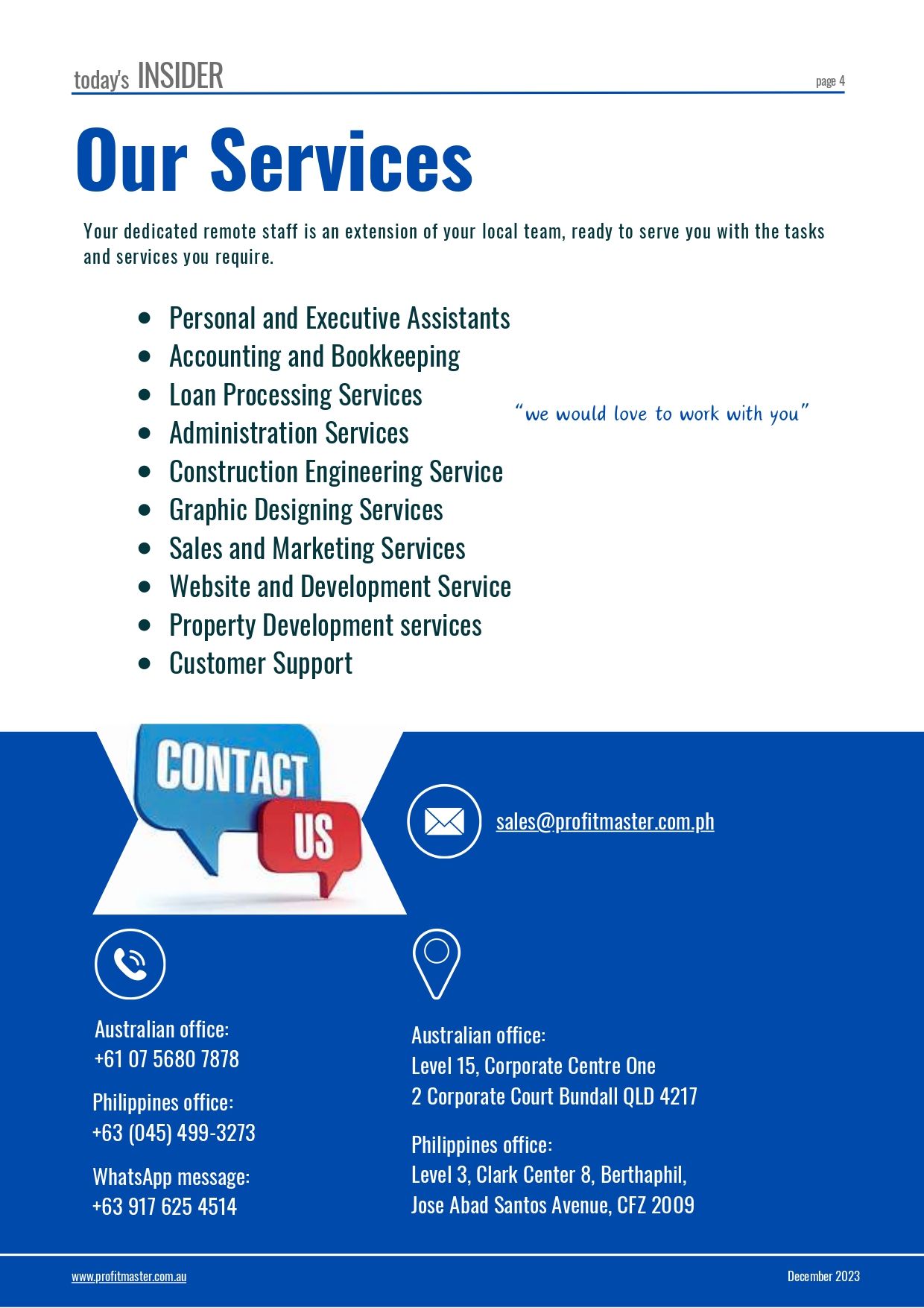 List of remote services including executive assistance, accounting, loan processing, administration, construction engineering, graphic design, sales, website development, and more. Contact info included. Don't miss our November 2023 Client Newsletter for updates and promotions!