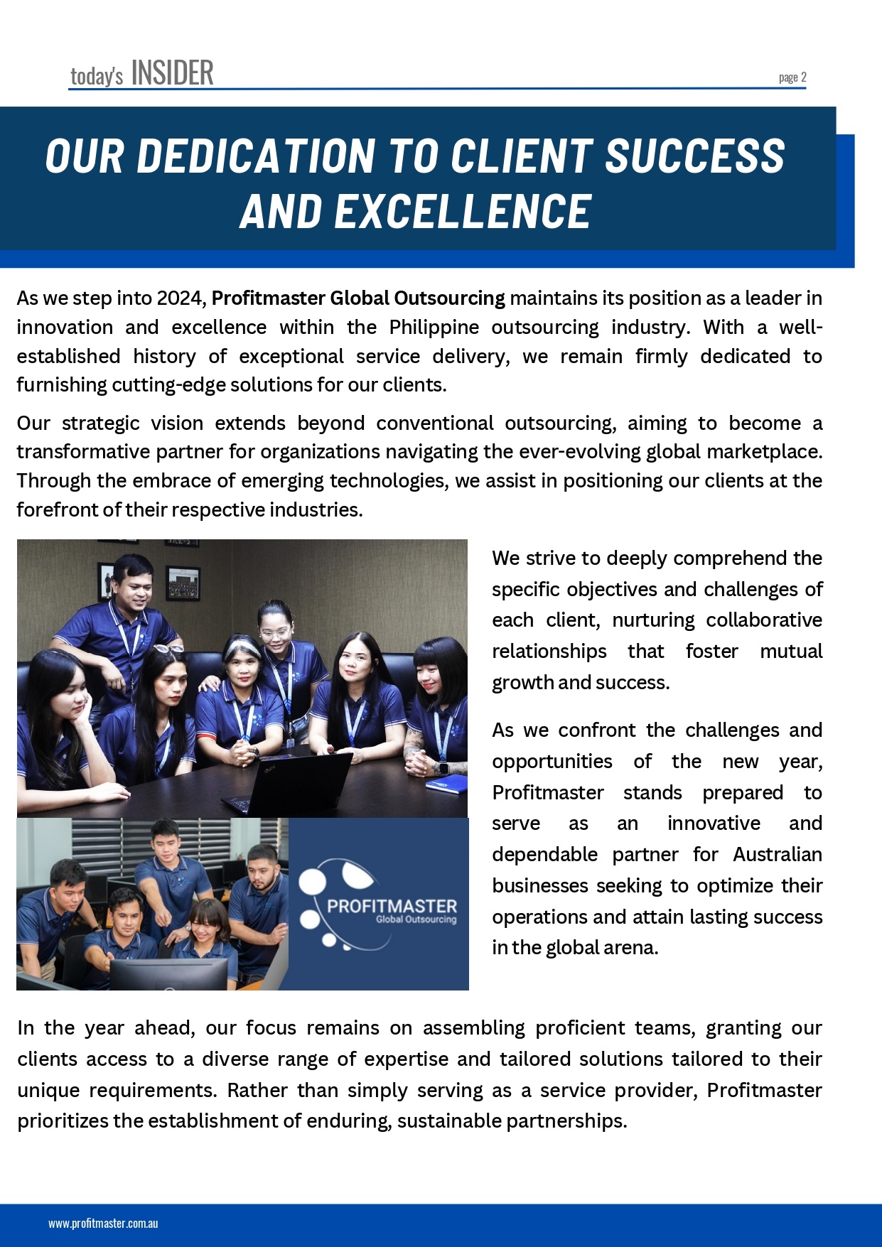 Page from the February 2024 Client Newsletter outlining Profitmaster Global Outsourcing's commitment to client success, highlighting strategic vision, innovative technologies, and dedication to overcoming global challenges.