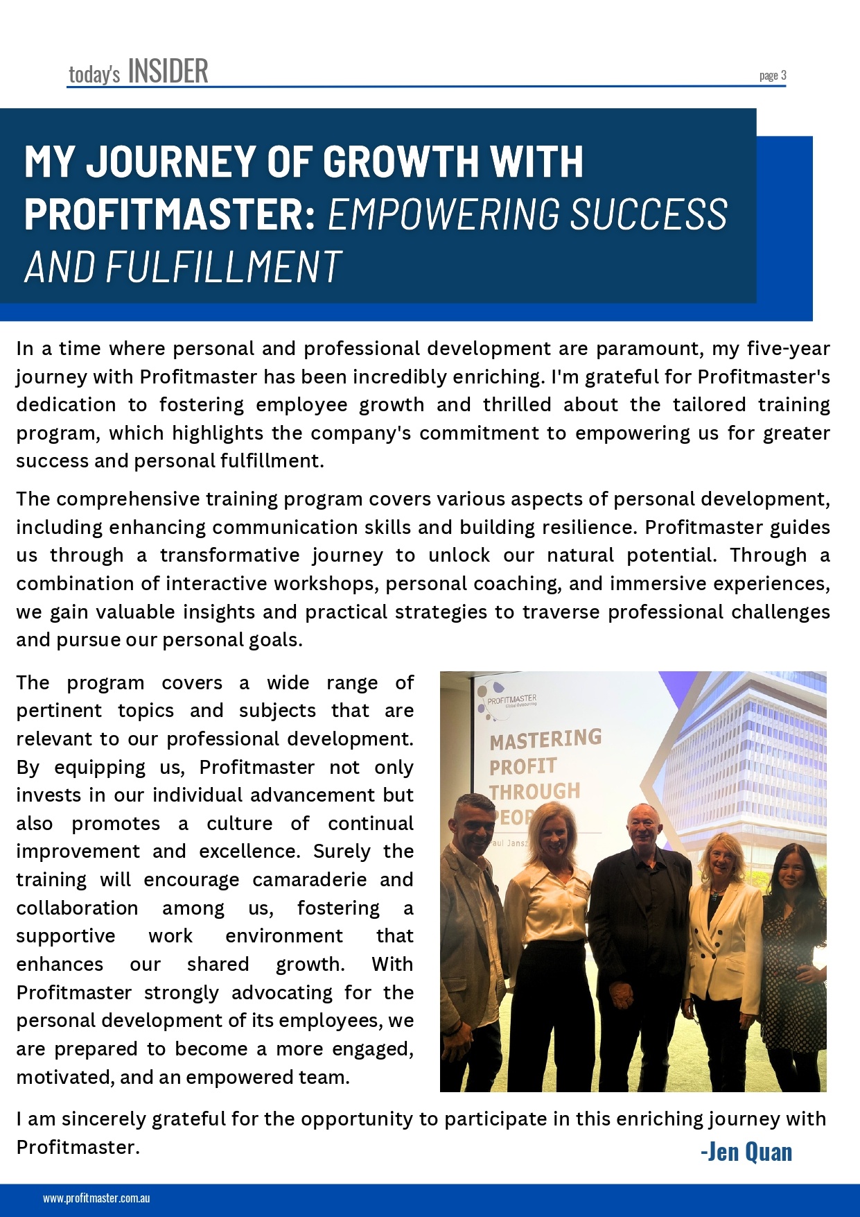 A magazine page featuring an article titled "My Journey of Growth with Profitmaster: Empowering Success and Fulfillment" by Jen Quan. In the February 2024 issue, it discusses personal and professional development through Profitmaster, becoming a highlight in our Client Newsletter.