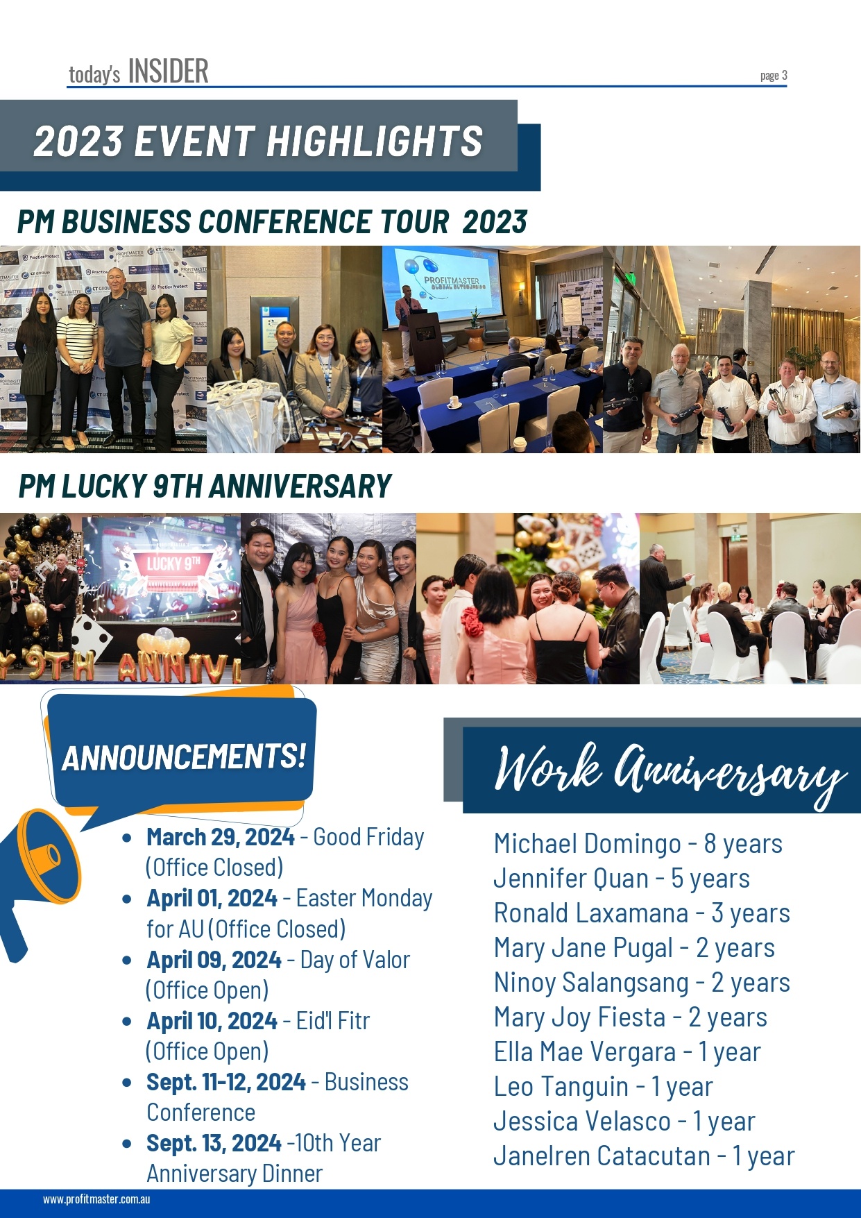 A Client Newsletter page featuring 2023 event highlights, including a business conference tour and a 9th anniversary celebration. Sections on announcements and work anniversaries are also visible, keeping you informed as we look ahead to February 2024.