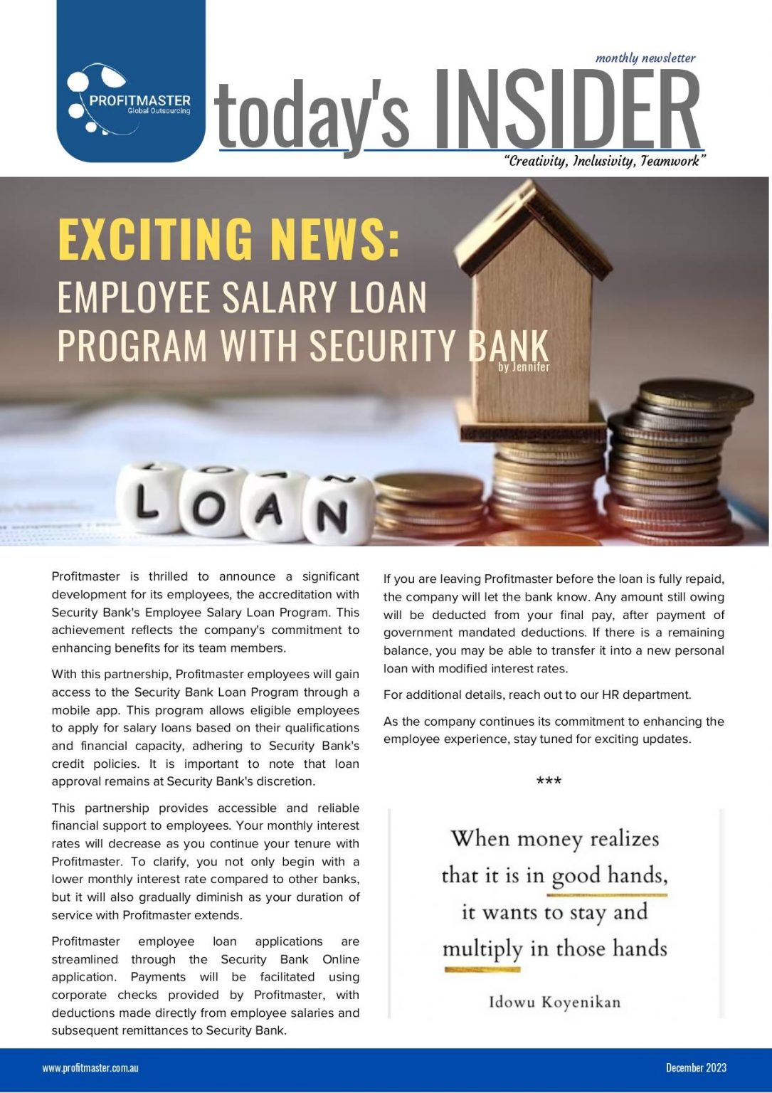Company newsletter titled "Today's Insider" with the headline, "Exciting News: Loan Payment with Security Bank." An article in November 2023 edition discusses the benefits of a new loan program for employees.