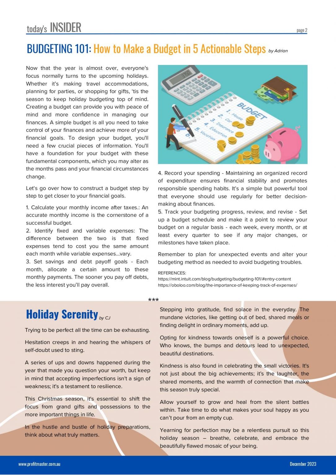 Magazine page titled "How to Make a Budget in 5 Actionable Steps" for November 2023, outlining steps and details on budgeting. The page features a column of text and a circular image of a pie chart, similar to what you'd find in an informative newsletter.