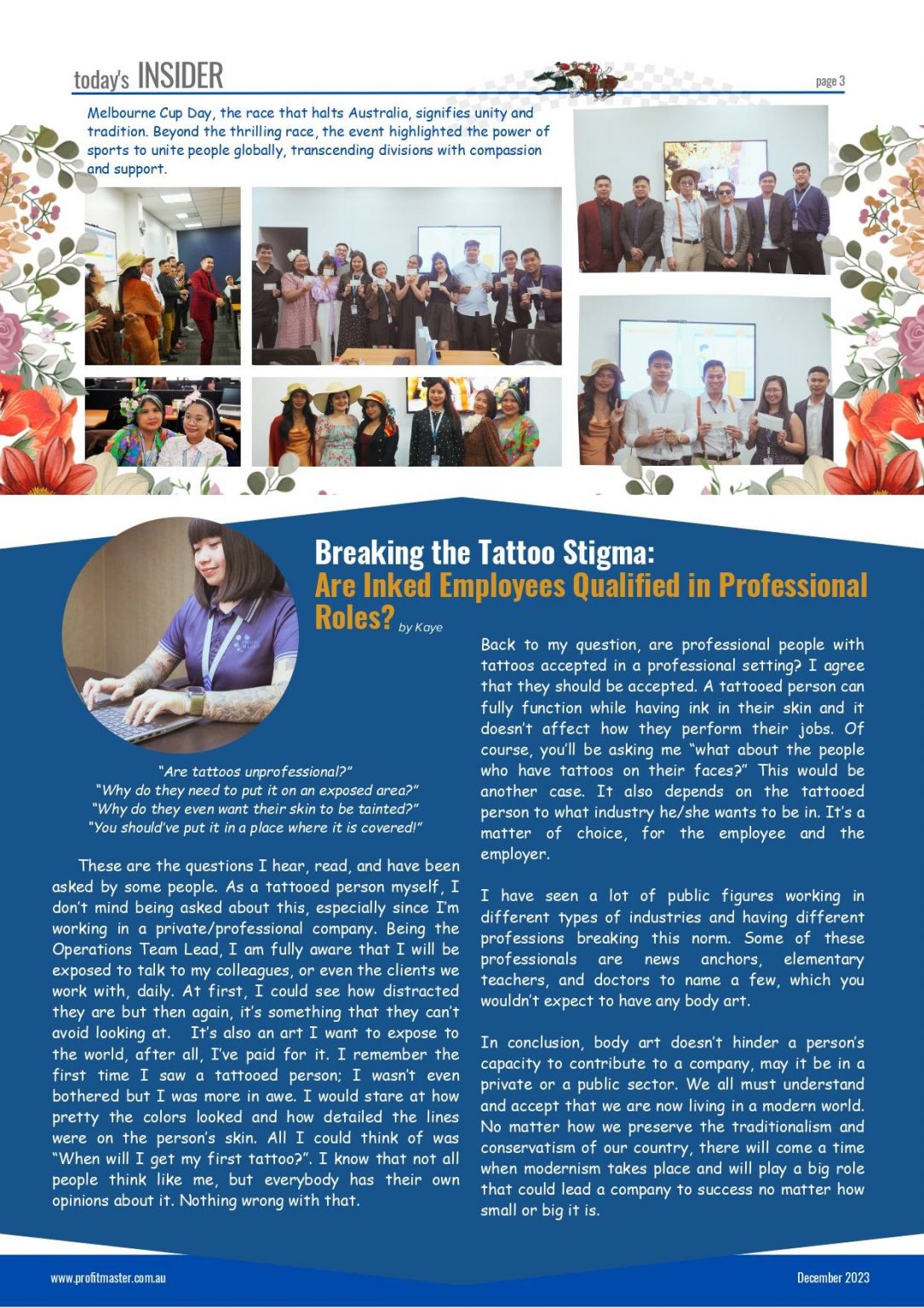 A magazine page from the November 2023 newsletter discusses professional acceptance of employees with tattoos. The page features an article titled "Breaking the Tattoo Stigma: Are Inked Employees Qualified in Professional Roles?" by Jax Kayo.