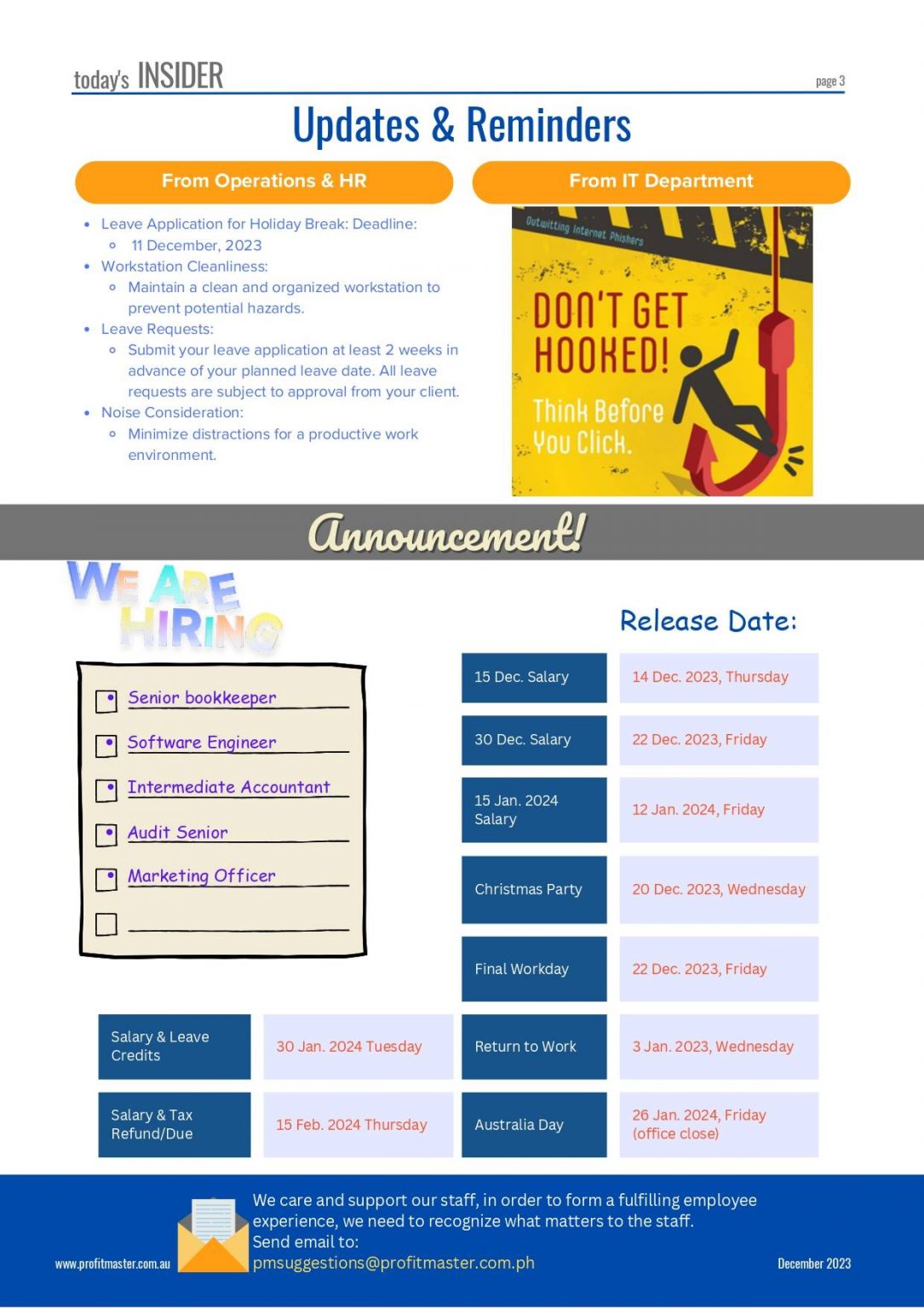The November 2023 newsletter page features updates and reminders from the Operations & HR and IT departments. It also includes job openings, key dates for salary releases, taxes, holidays, and a cartoon phishing warning.