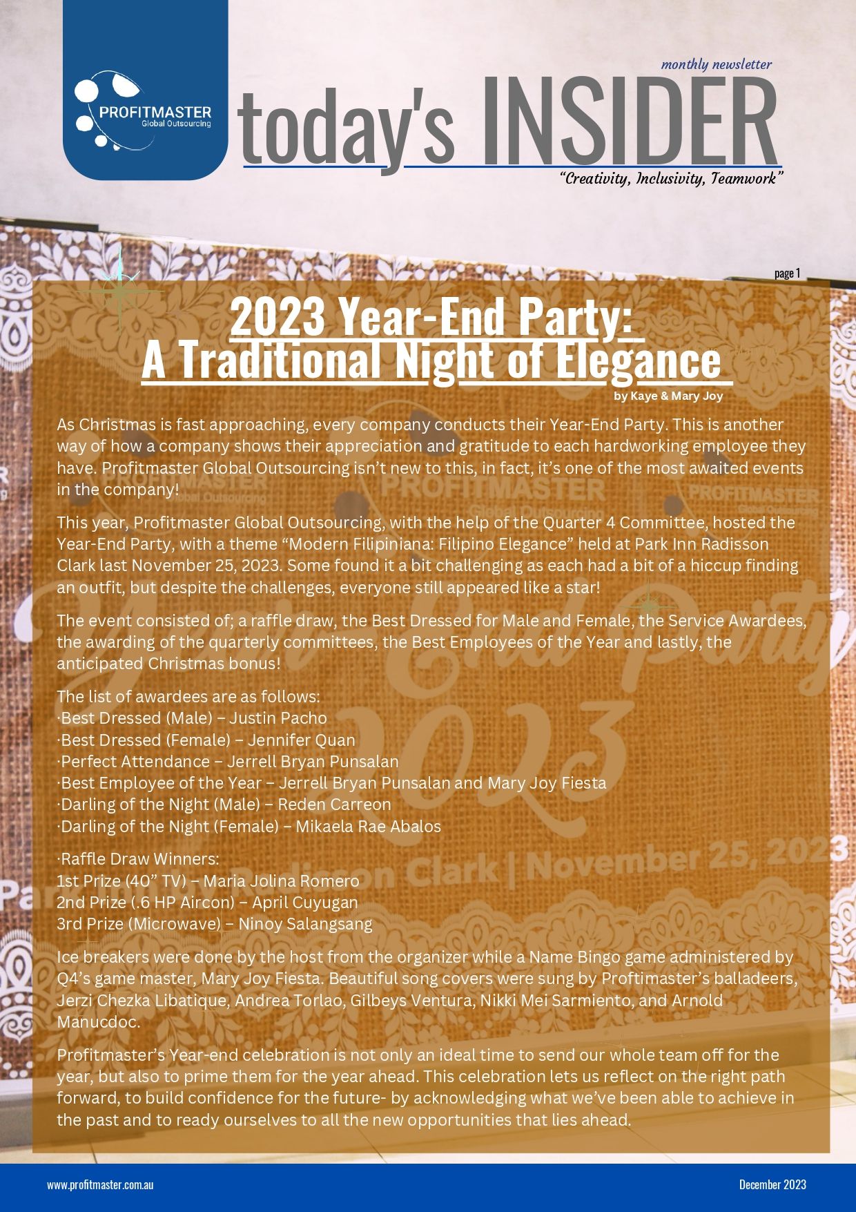 Front page of the December 2023 Edition of "Today's Insider," ProfitMaster Global Outsourcing's internal newsletter, featuring an article on the 2023 Year-End Party. The page includes the writers' names and brief highlights from the event.