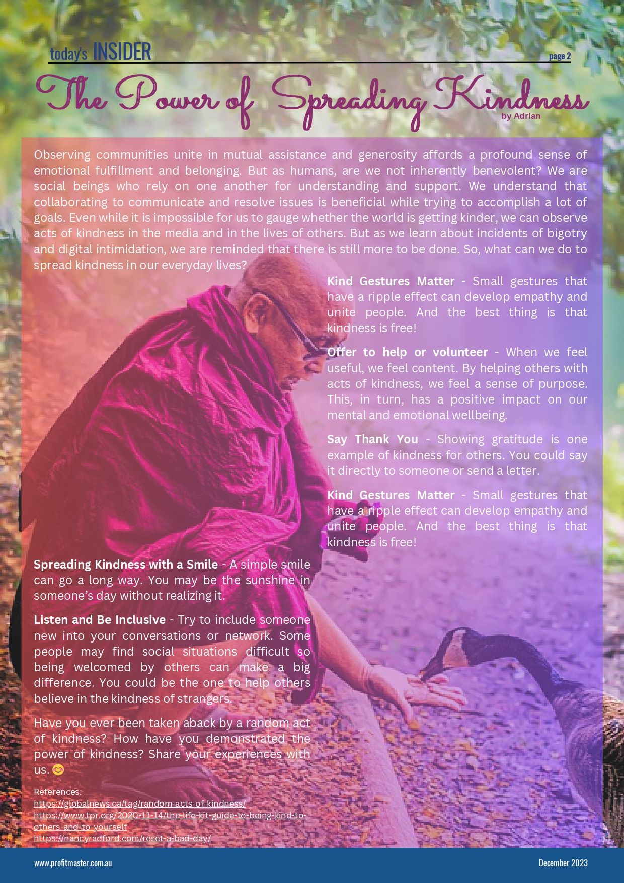 An elderly person seated outdoors in a purple garment, with text overlay discussing the impact of kindness and various ways to spread it within the community. This heartwarming message is featured in our December 2023 Edition of the Internal Newsletter.