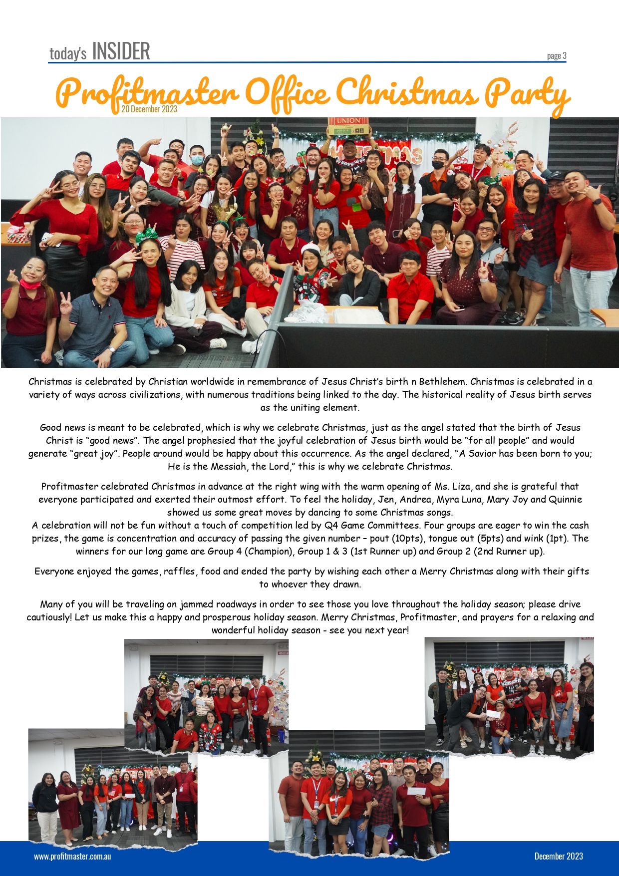 A group of people in red attire celebrating at an office Christmas party, perfect for the December 2023 Edition of our Internal Newsletter. They are posing for a group photo in front of festive decorations, with some holding holiday props.