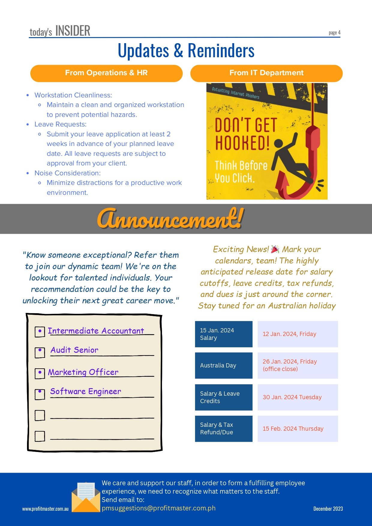 A page from the Internal Newsletter December 2023 Edition features updates from Operations & HR, the IT Department, and an announcement section. It includes job openings, reminders, and the schedule for Australian holidays.