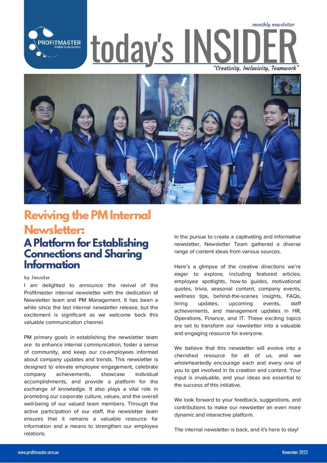 A newsletter cover page titled "today's INSIDER," featuring an October 2023 article about reviving the PM Internal Newsletter, focusing on improved communication and sharing information within the company.