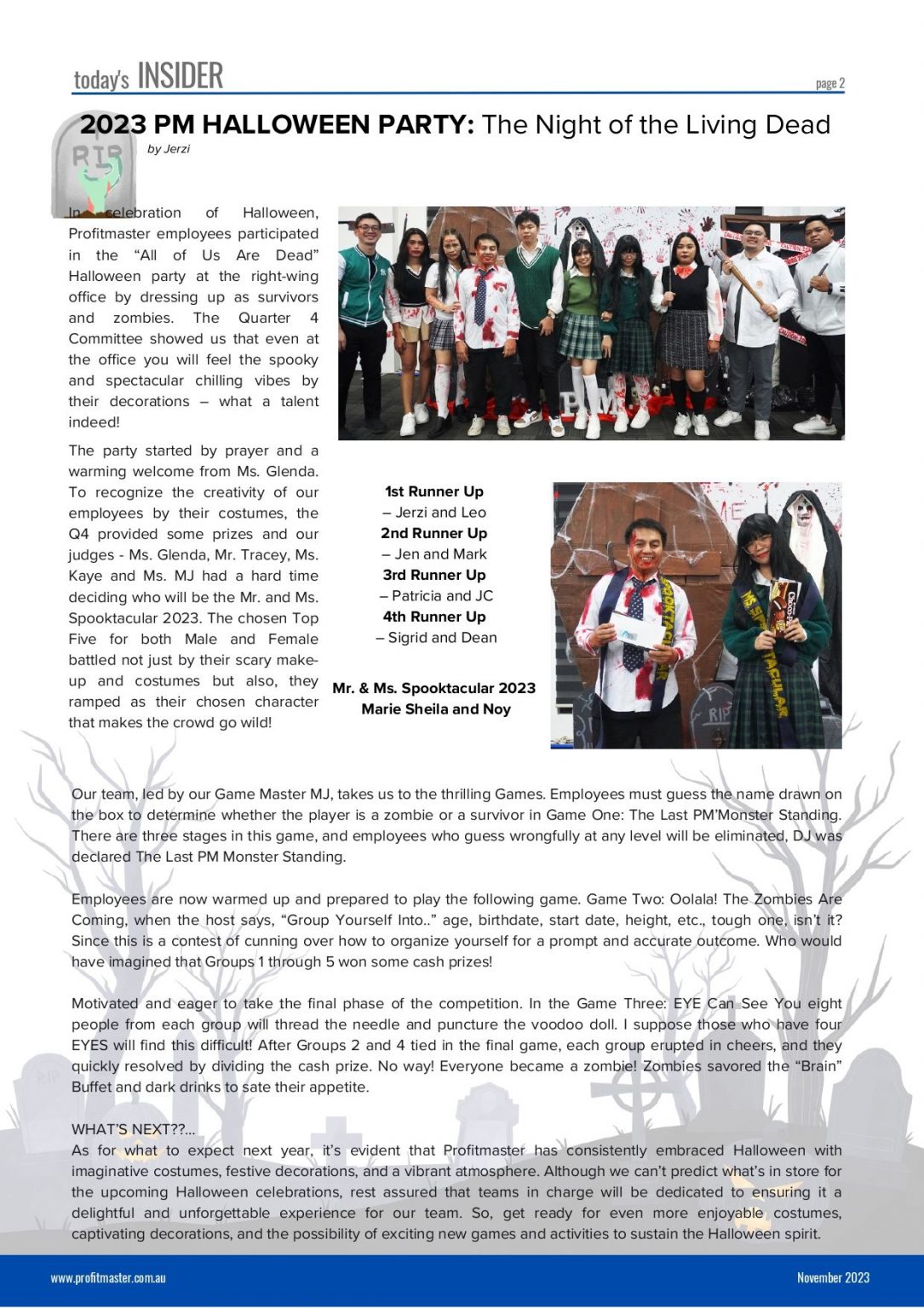 Office Halloween party with employees in costumes themed "The Night of the Living Dead." Contest winners listed with prizes. Decorations, games, and team camaraderie highlighted. Don't miss the full recap in our October 2023 newsletter!