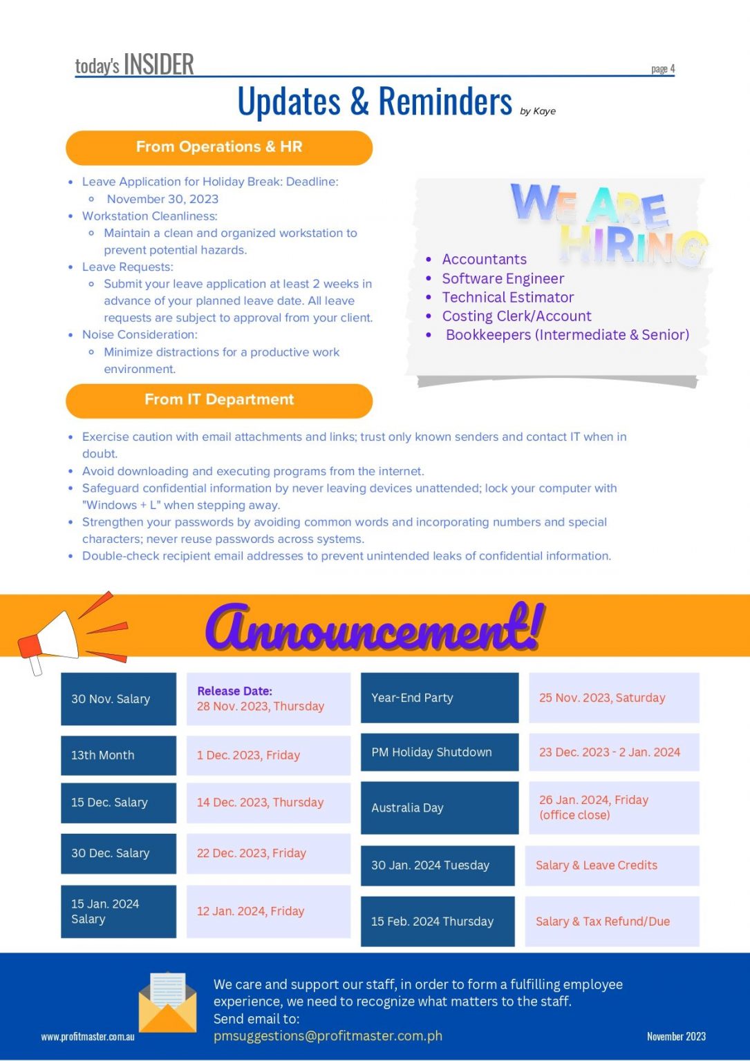 October 2023 Newsletter page with updates on holiday break deadlines, leave requests, noise consideration, and IT department reminders. Includes an "Announcement!" section and a "We Are Hiring" section.