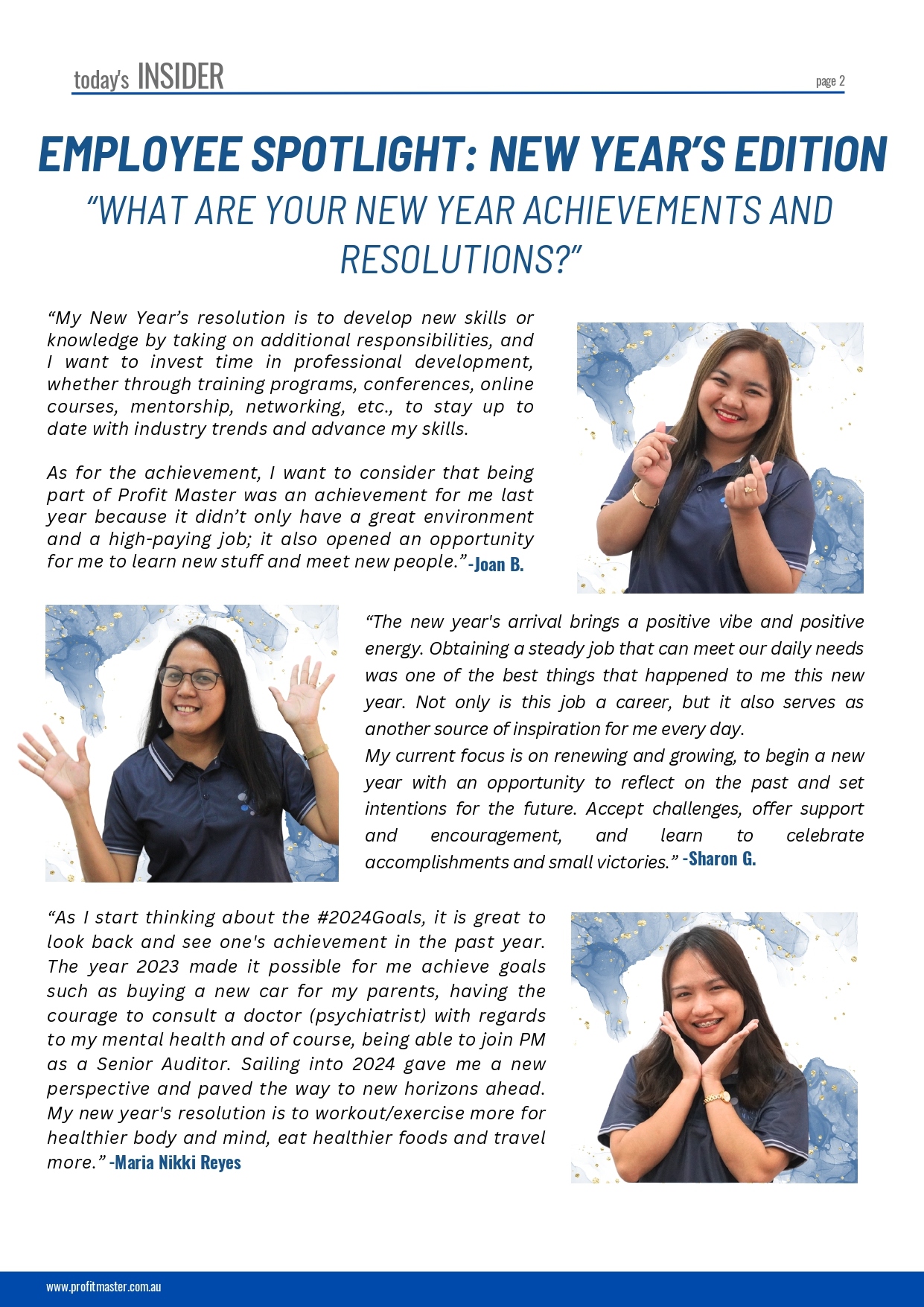 Employee spotlight page featuring four women sharing their New Year's achievements and resolutions in our April 2024 newsletter. Each woman is pictured alongside her quote, with smiling portraits and personal statements adding a personal touch.