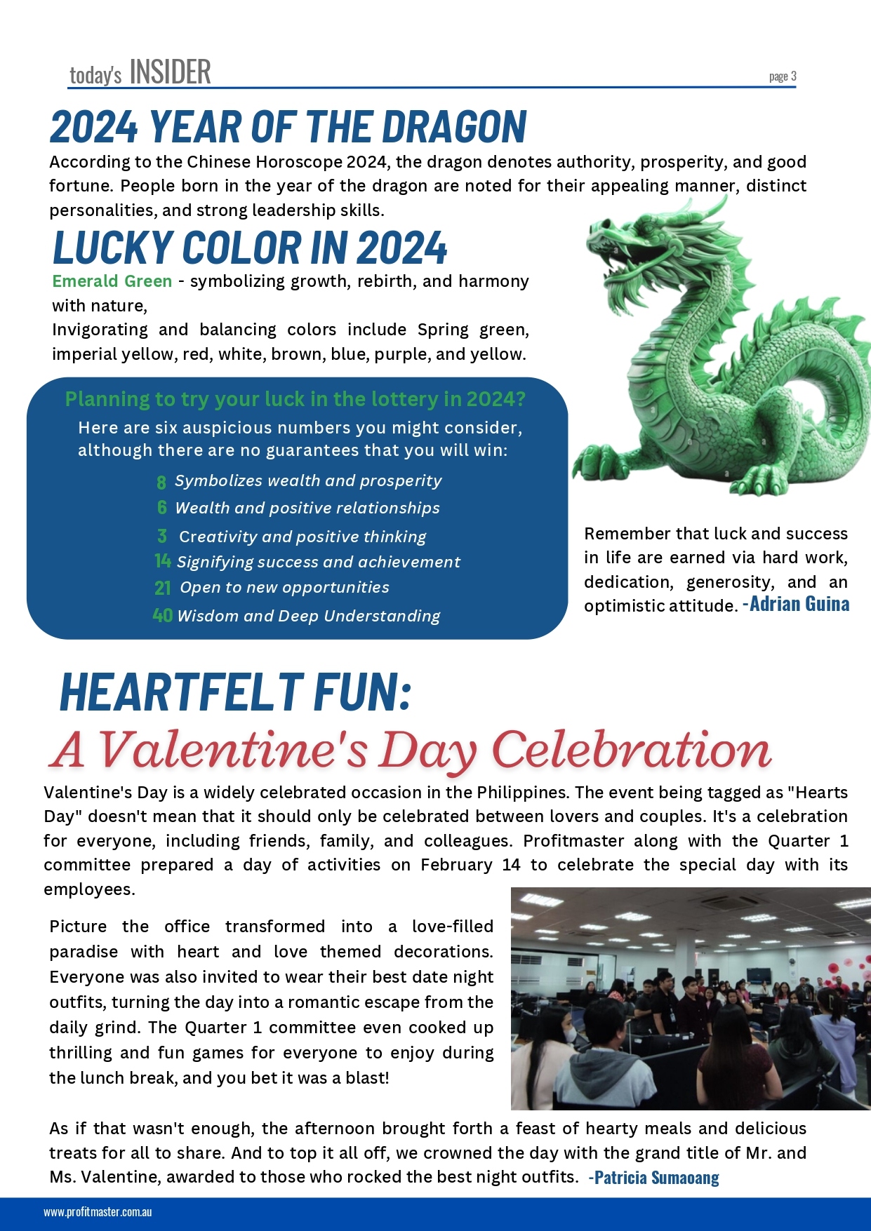 Introducing a captivating newsletter page for April 2024! Dive into our predictions for a "Year of the Dragon," explore a section on lucky colors, get essential tips for lottery numbers, and enjoy an article about Valentine's Day celebrations in the Philippines.