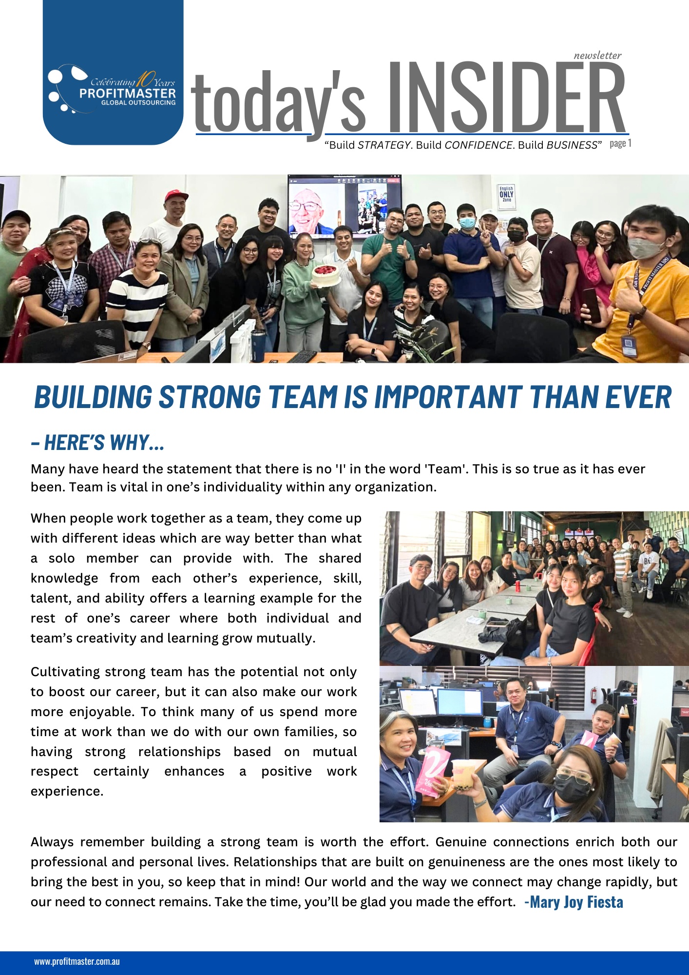A newsletter page titled "Today's Insider" for April 2024 features an article on team building. A quote from Mary Jo Fiesta at the bottom emphasizes the importance of building strong relationships.