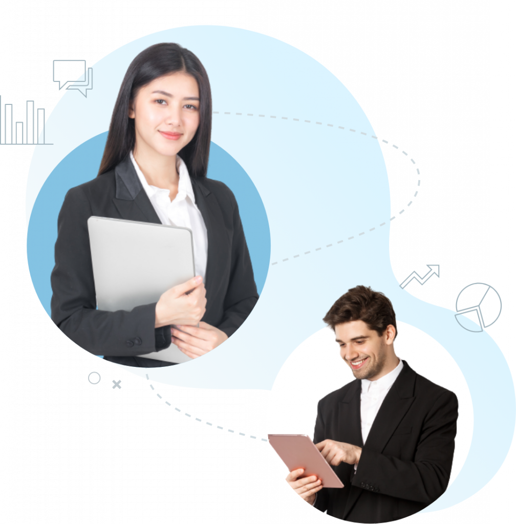 Two professionals in business attire, one holding a laptop and the other holding a tablet, are connected by graphical elements such as charts and speech bubbles, akin to navigating interconnected ideas on a home page.