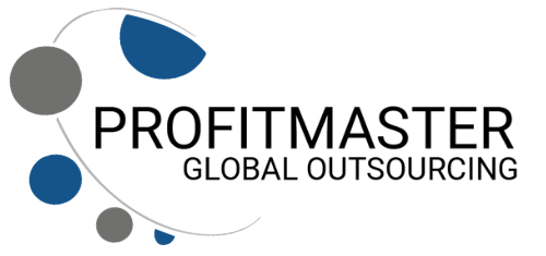 Profitmaster Global Outsourcing logo with blue and gray circle design elements.