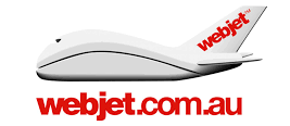 Logo of webjet.com.au featuring a stylized airplane with the text "webjet" written in red on its tail, and the website URL in bold red below. Celebrating their 10th Anniversary Conference, they proudly present their innovative Profitmaster software.