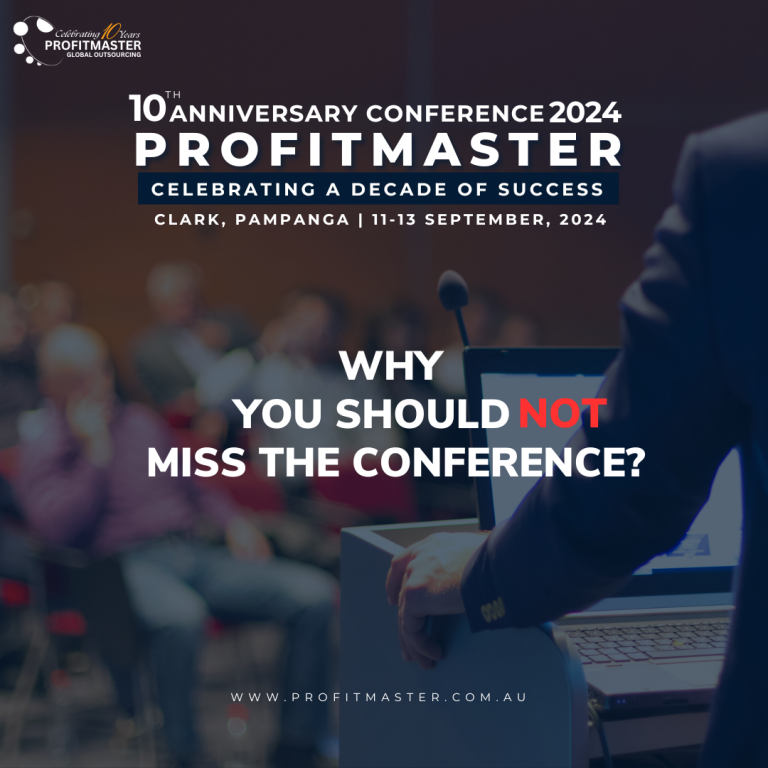 A speaker is presenting at a conference in a room with seated attendees, captivating their interest. The image highlights the 10th Anniversary Conference 2024 for Profitmaster in Clark, Pampanga, from 11-13 September 2024.